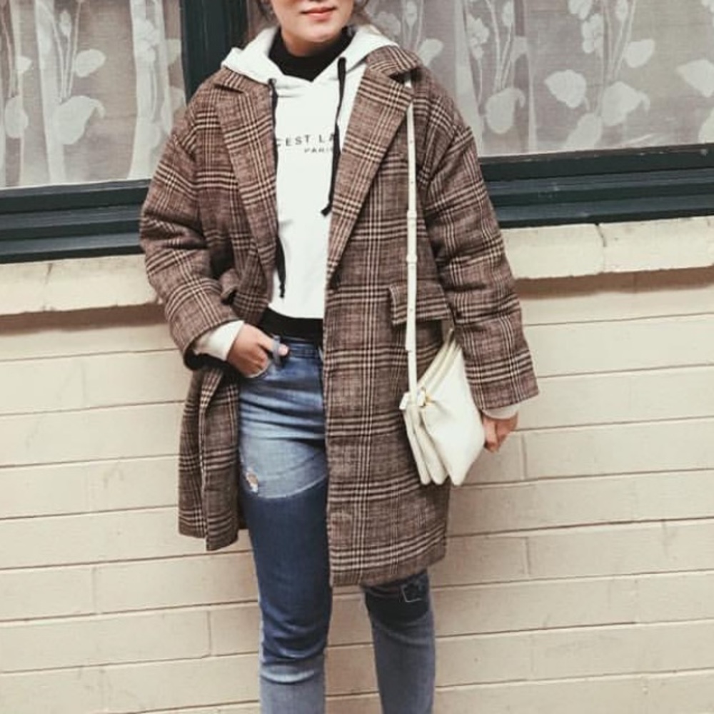 Plaid brown wool down coat